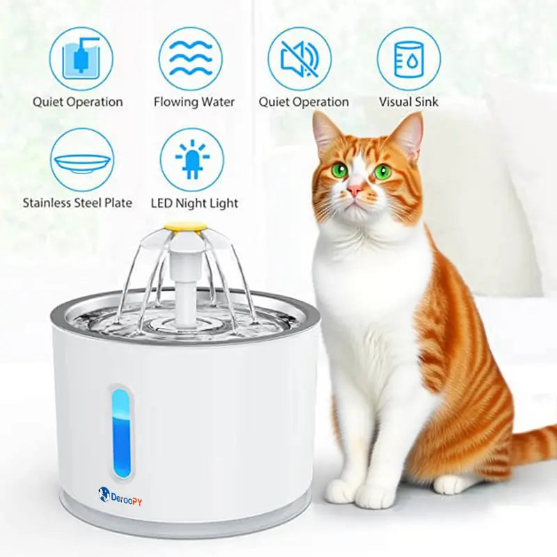 Quiet Pet Water Dispenser with LED Light and Stainless Steel Bowl – Cat Drinking Fountain