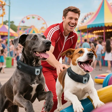 Two dogs wearing Deroopy smart GPS collars playing at a public amusement park with their owner, showcasing outdoor safety and real-time tracking in busy environments.
