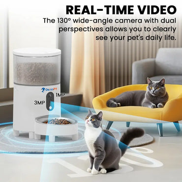 Smart pet feeder with 130-degree dual-camera for real-time pet monitoring.