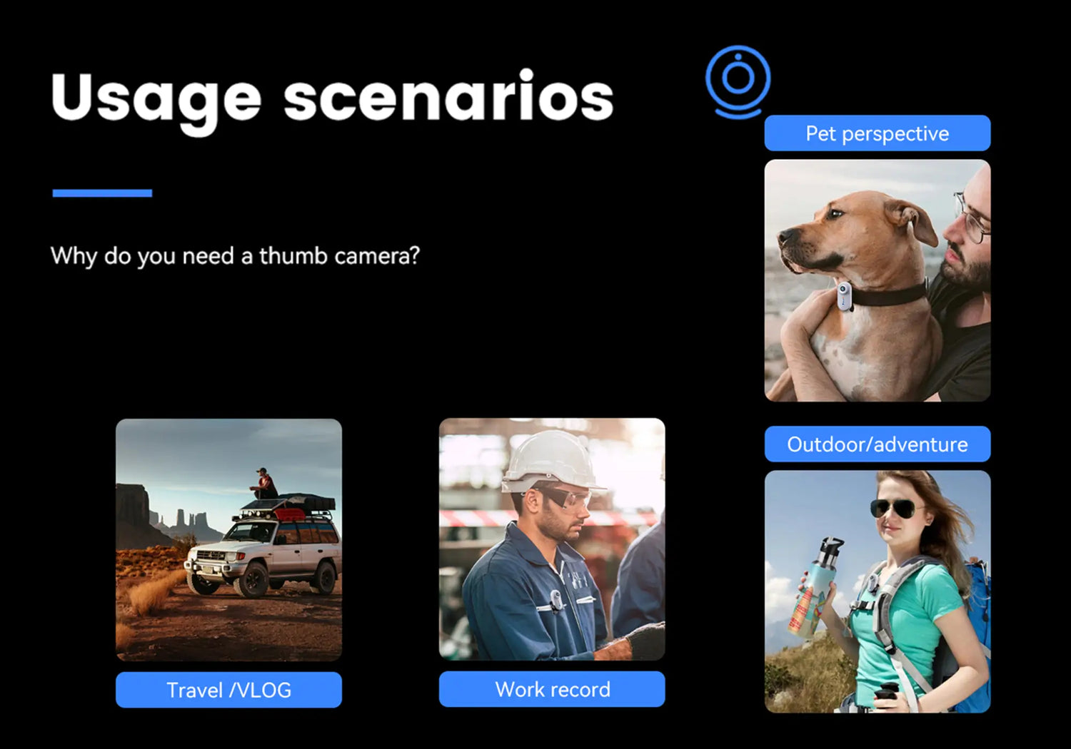 Usage scenarios of thumb camera including pet view, travel vlog, work recording, and outdoor use.