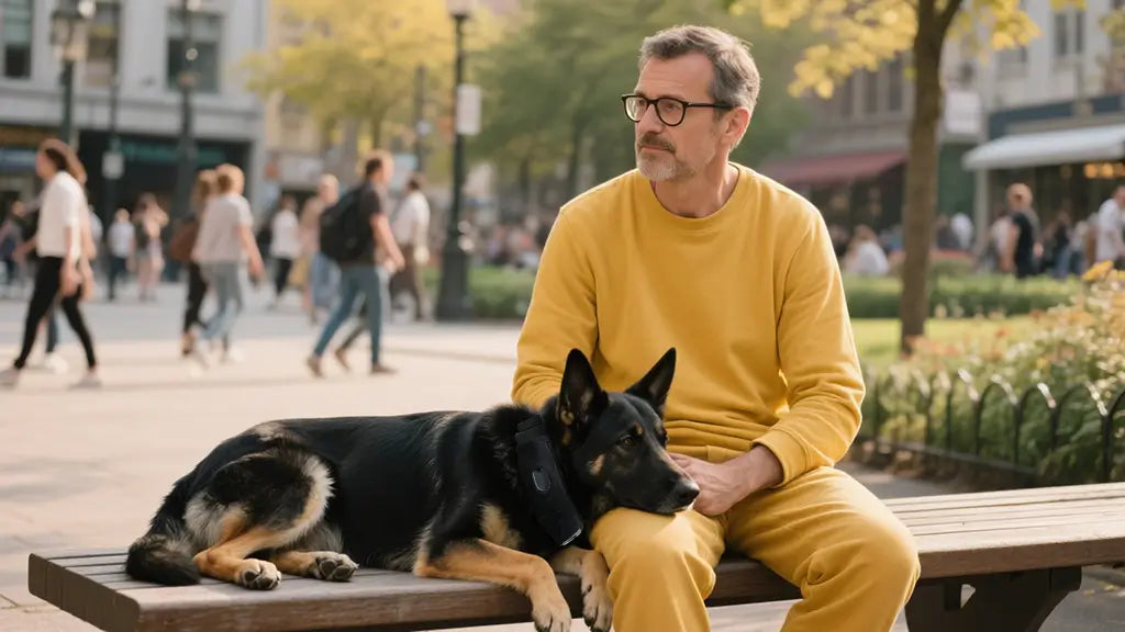 A mature man sits calmly on a bench in an urban plaza while his German Shepherd wearing a Deroopy smart collar rests beside him, showing trust and obedience in a busy environment.